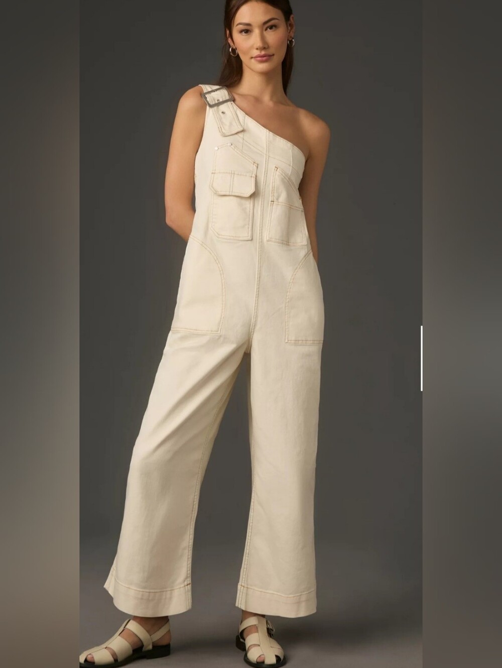 Antgropologie Pilcro Cream Denim One Shoulder Utility Overalls Size Medium